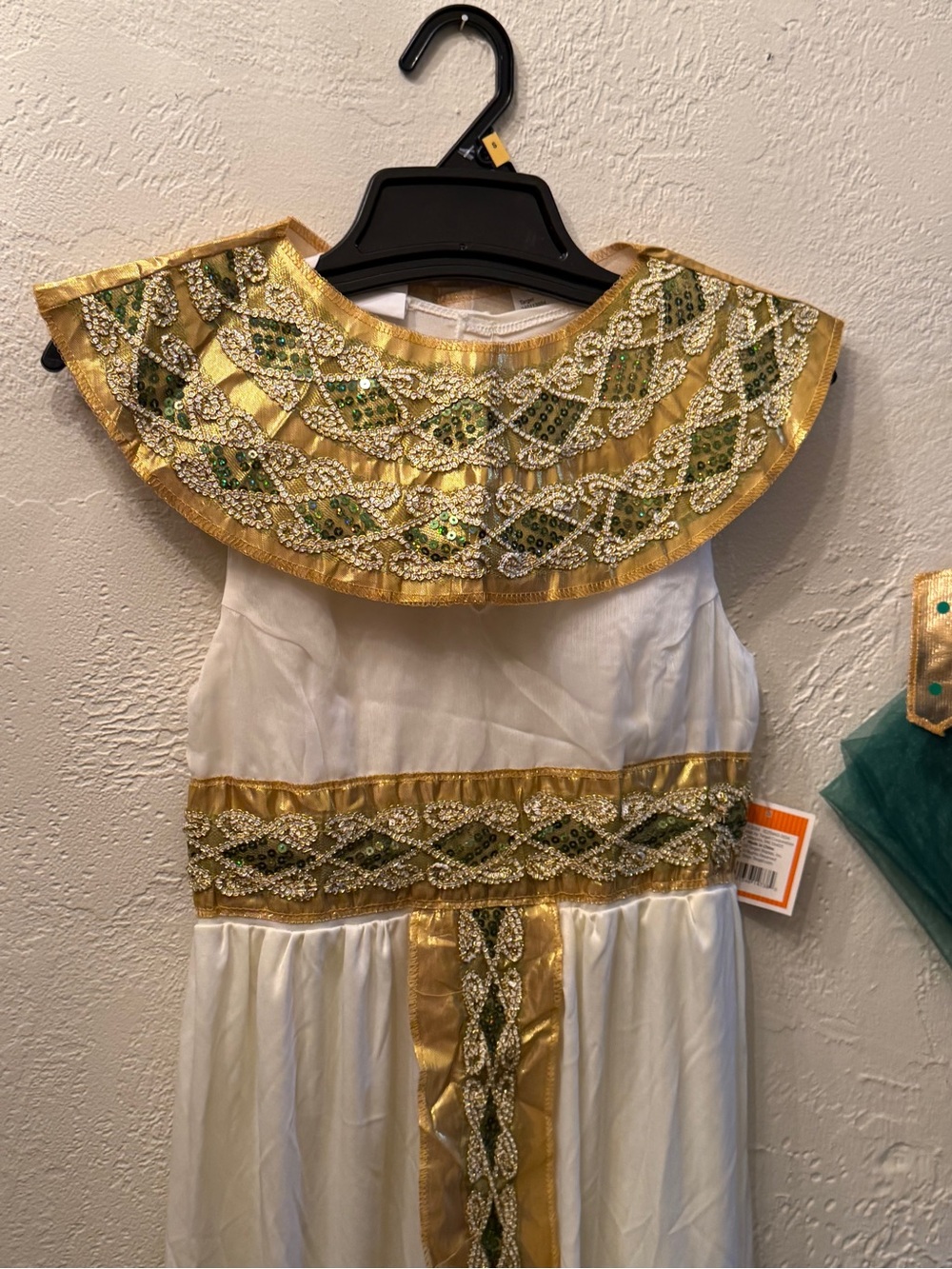 Cleopatra White Dress with Gold & Green Embellished Collar Halloween costume